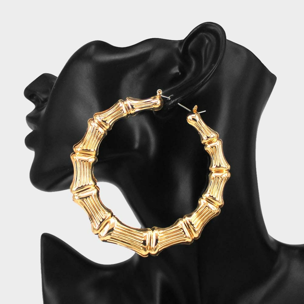 Gold Bamboo Earrings Circle Hoop Doorknockers 3.25